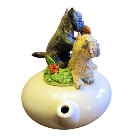 Teapot 2 Carin Terriers Dogs Lid Artisan Made & Signed Ceramic & Floral Accent - Picture 4 of 5